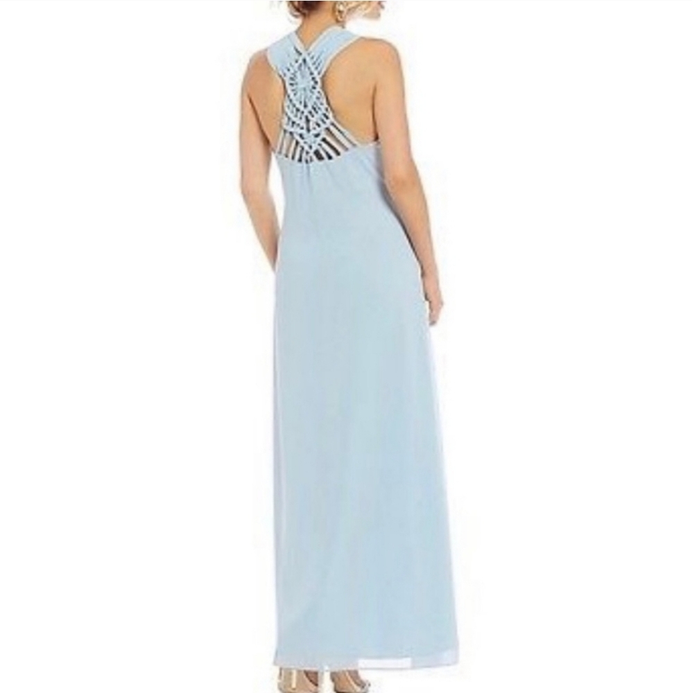 BADGELY MISHKA Pastel Blue WOVEN BACK Formal Dress